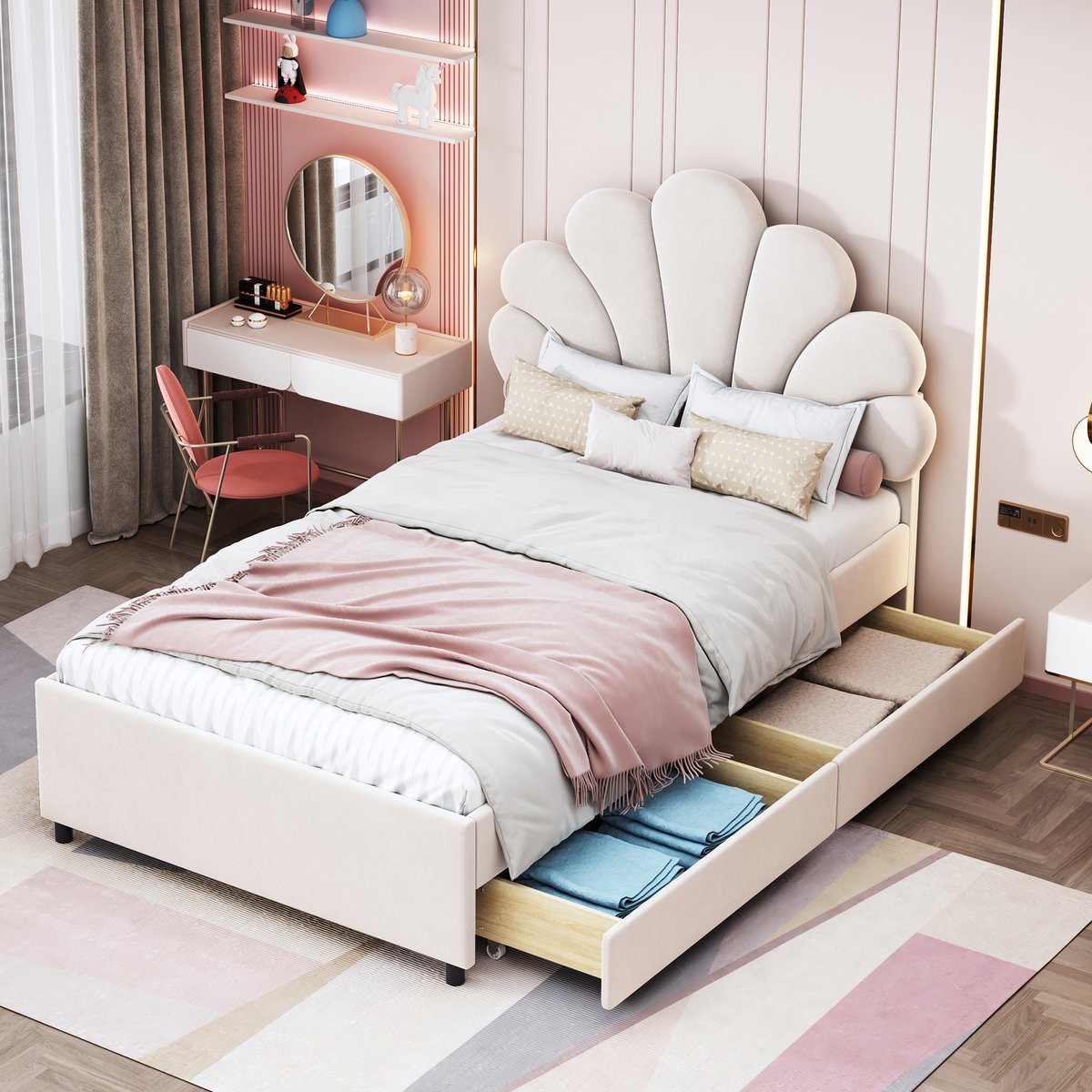 Kinderbed - voor matras 90 x 200 cm - beige - met lattenbodem - afmetingen 90 x 203 x 116 cm - matras niet inbegrepen - voor de slaapkamer