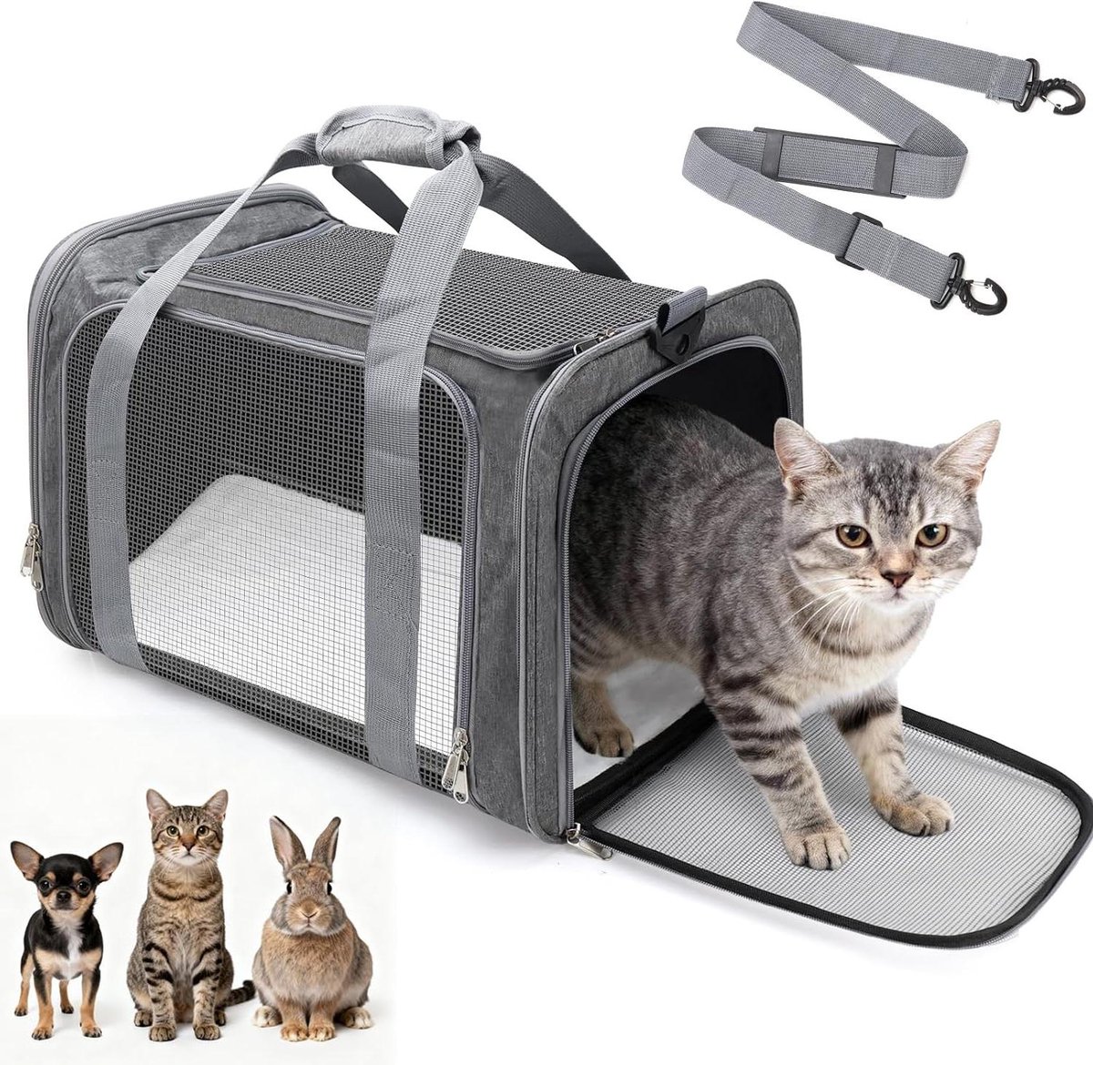 Huisdier transporttas - Draagtas dieren - Veilig reizen - Driezijdige ventilatie - 45 x 30 x 30 cm - Grijs