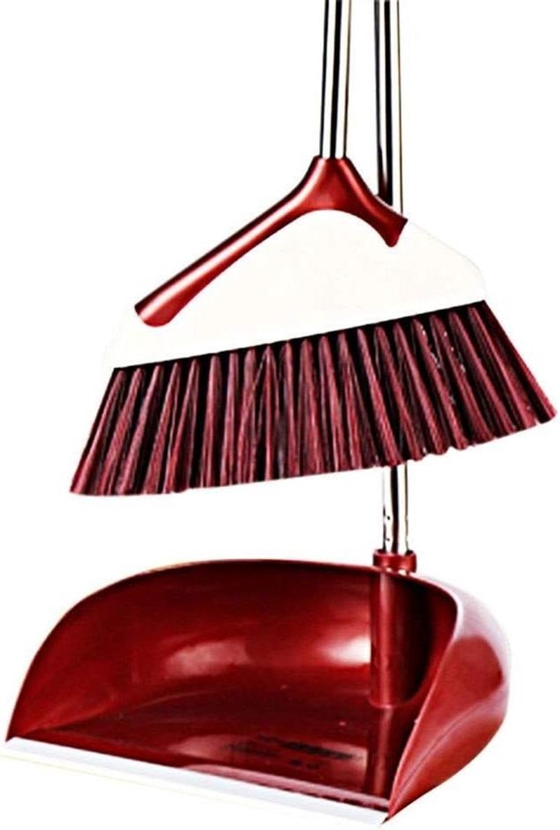 Bezem en Stoffer Set - Stoffer en Blik - Vloeren Schoonmaken - Roestvrijstalen Steel - 91cm Hoog - Rood