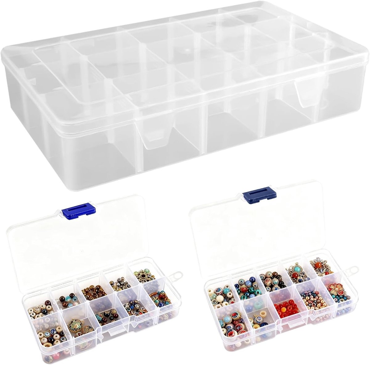 SnelShoppen - 3 Stuks Sorteerdozen voor Kleine Onderdelen, Plastic Opbergdozen met 10/15 Verstelbare Vaks, Stapelbaar en Duidelijk, Geschikt voor Knop