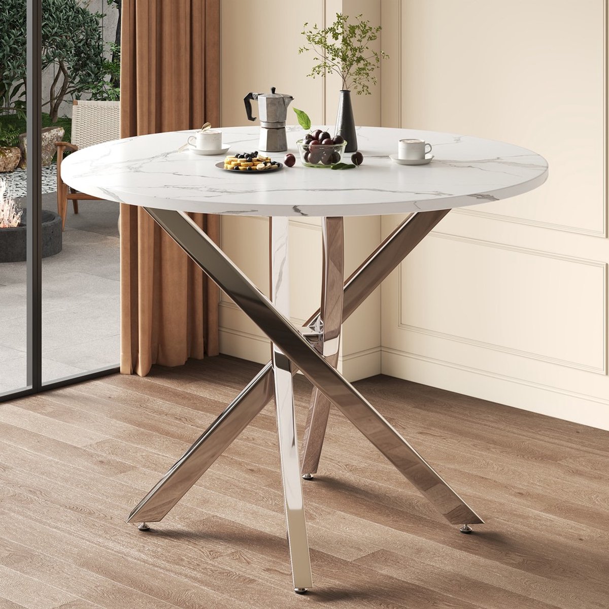 Pugsdrly Ronde eettafel, 80 x 80 x 75 cm, tafelblad in marmerlook, moderne stijl, poten van gegalvaniseerd zilver, salontafel/bijzettafel, moderne minimalistische stijl, wit + zilver