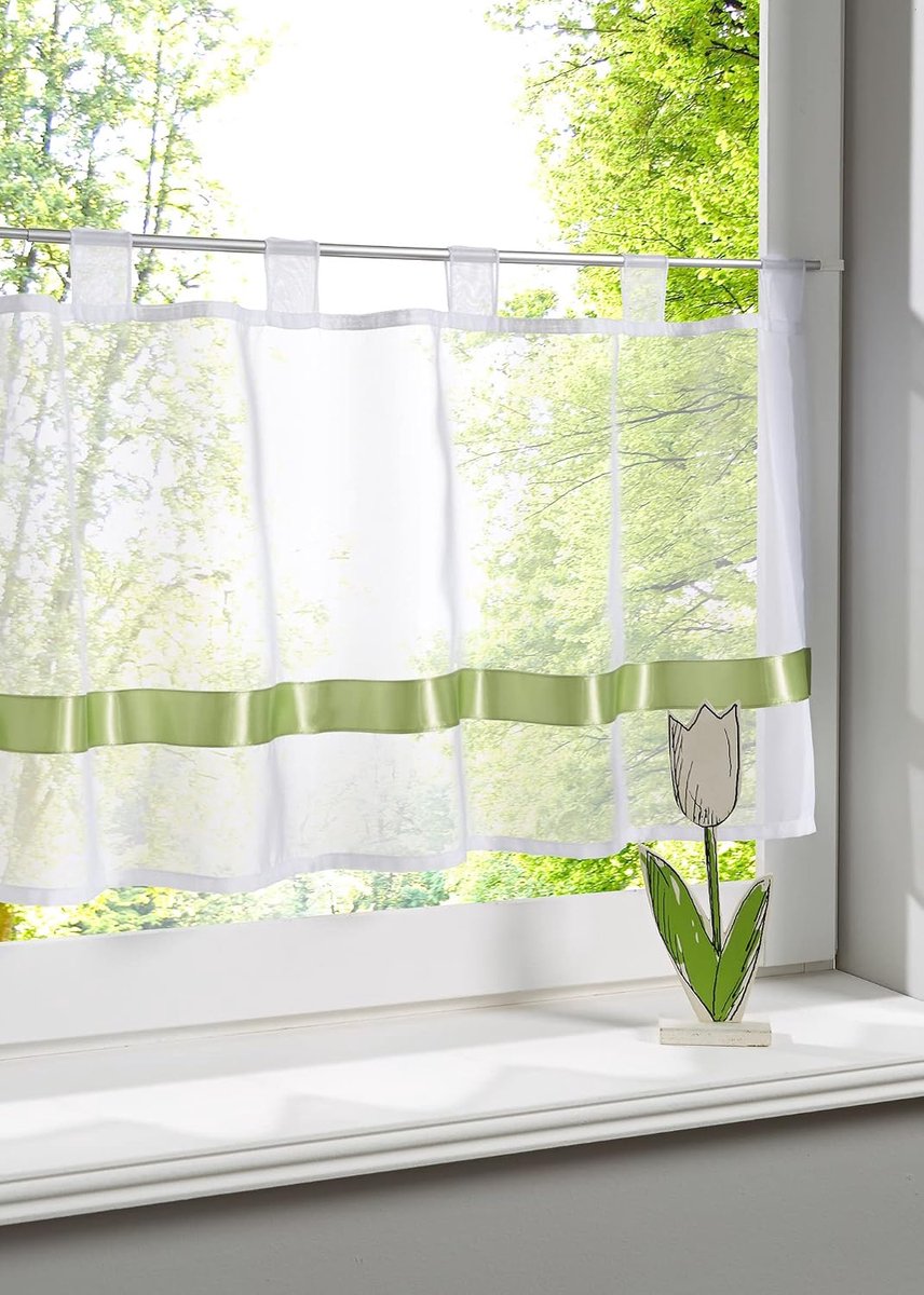 Vitrage met satijnen lint, lussen, kort, bistrogordijn voor woonkamer, slaapkamer (groen, b x h 200 x 50 cm), 1 stuk verpakt