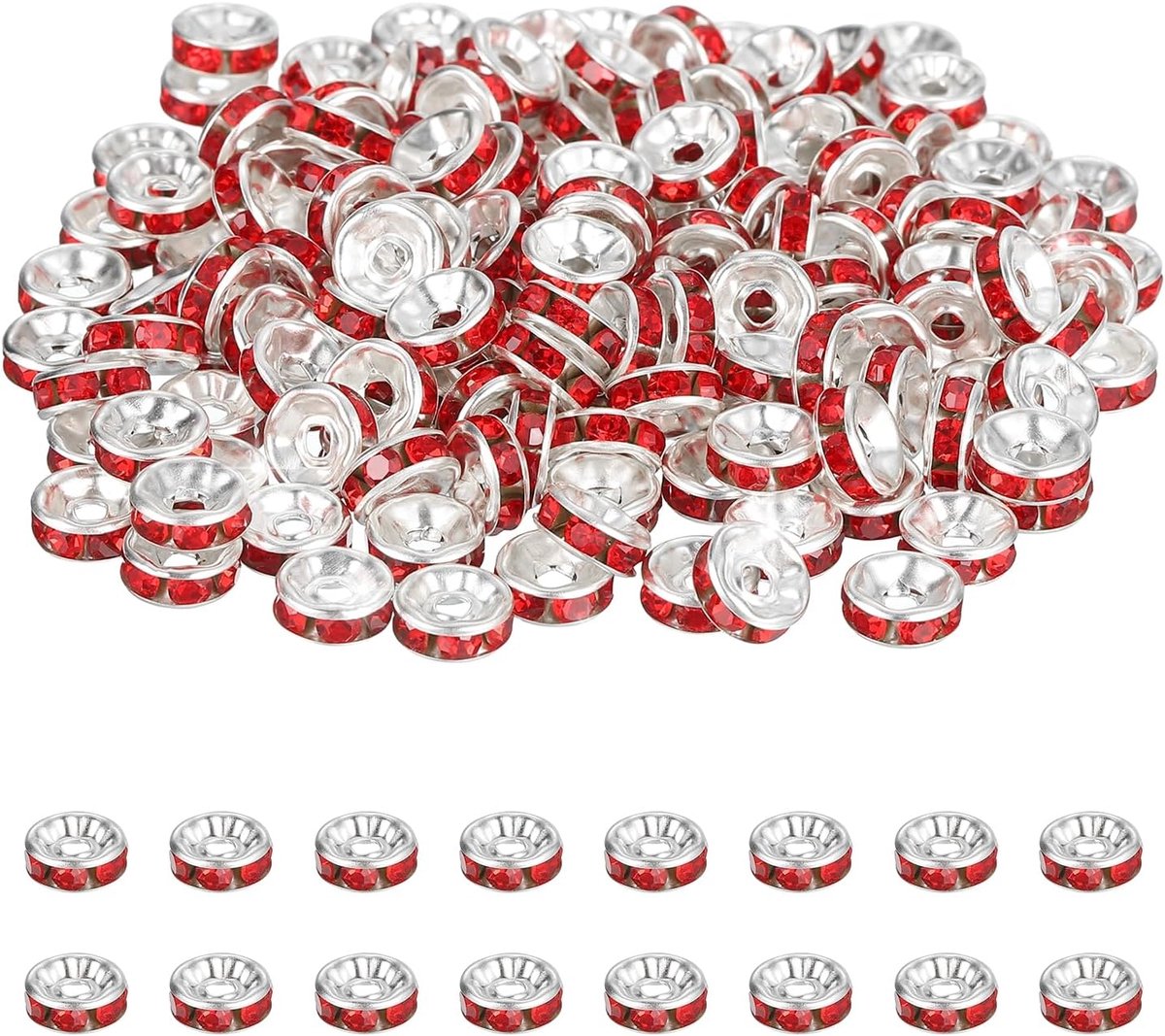 8mm Rondelle Afstandhouder Kraal, 200 Stuks Kristal Strass Losse Kraal Afstandhouders voor Sieraden Maken, DIY Armbanden, Ketting, Zilver/Rood