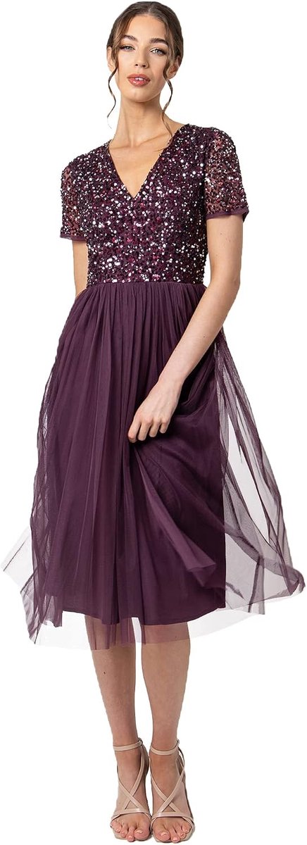 Deluxe Maya Deluxe Dames Midi Jurk voor Bruiloft Gast Faux Wrap Womens Avondjurk Bruidsmeisje Prom Roze V-hals Pailletten dames Bruidsmeisjesjurk