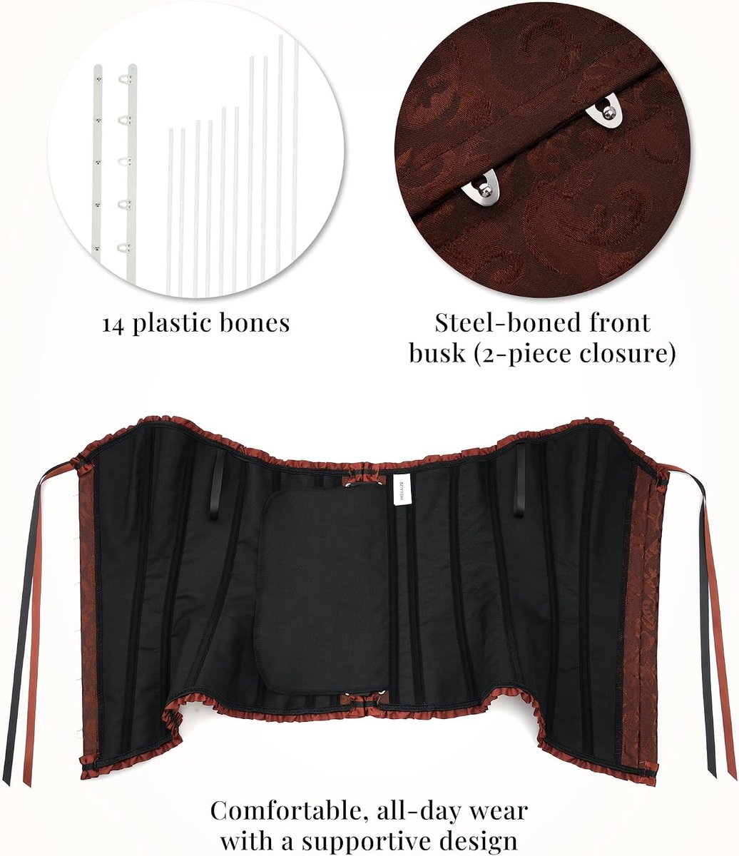 Korsettops voor dames, bustier, shapewear, lingerie, kanten taille, push-up bodysuit, Bruin, M