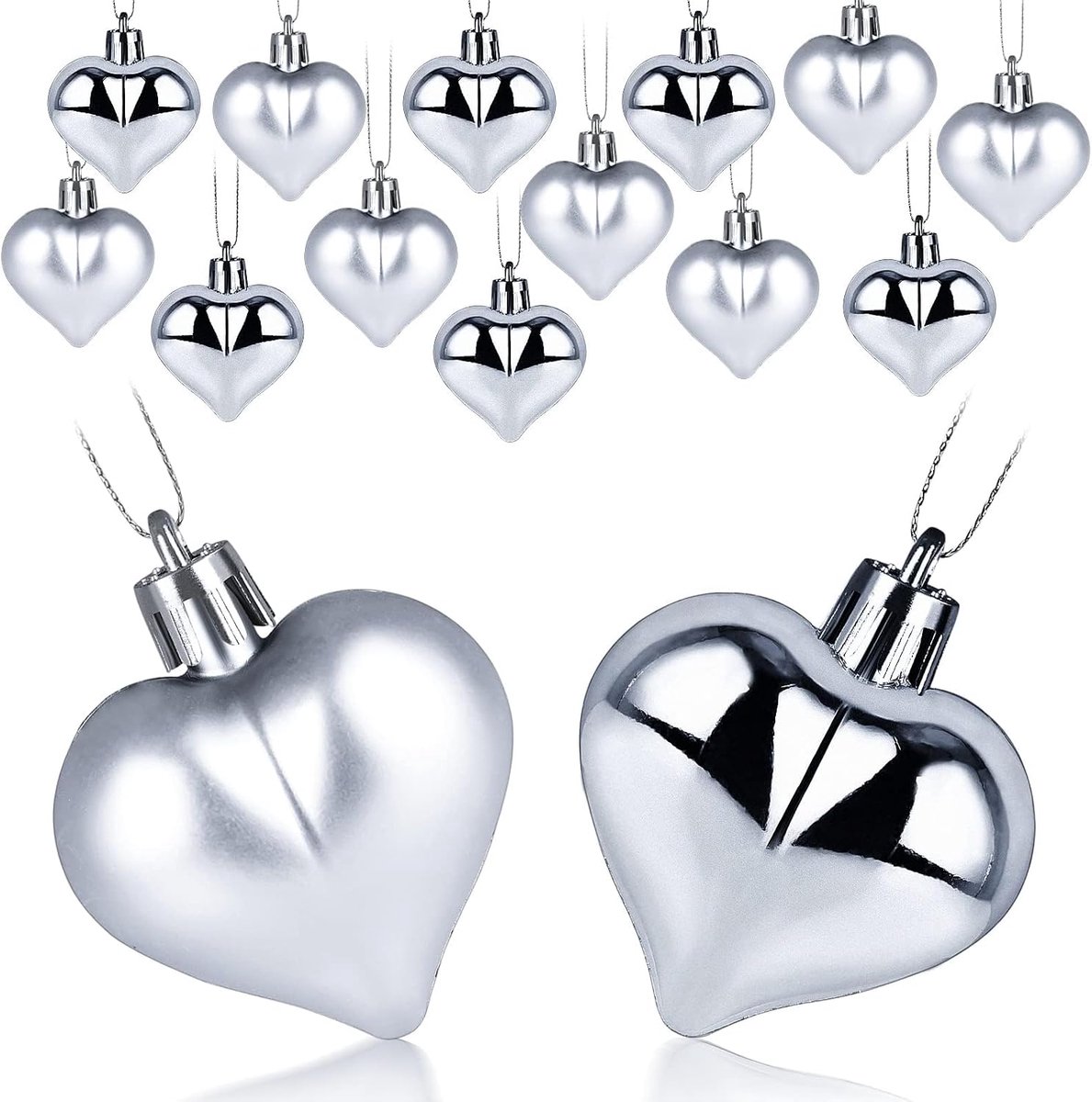 Kerstballen, hartvormig, kleine hartballen, romantische decoratie voor Valentijnsdag, bruiloften en trouwdagen (zilver)
