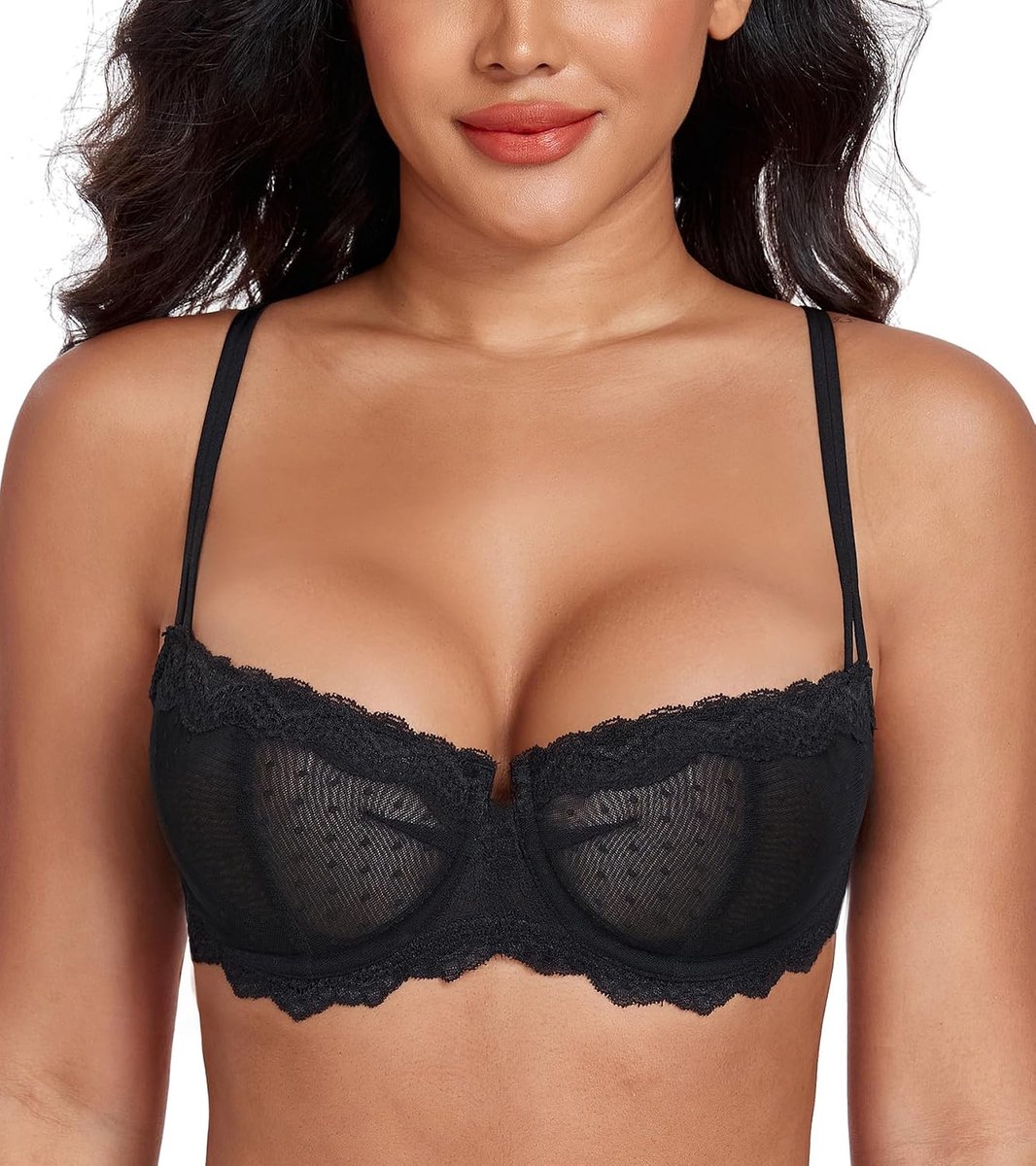 Damesbeha van kant, sexy, balconnet, halve cup, beugel, halftransparant, zonder vulling, push-up, Zwart, 75D