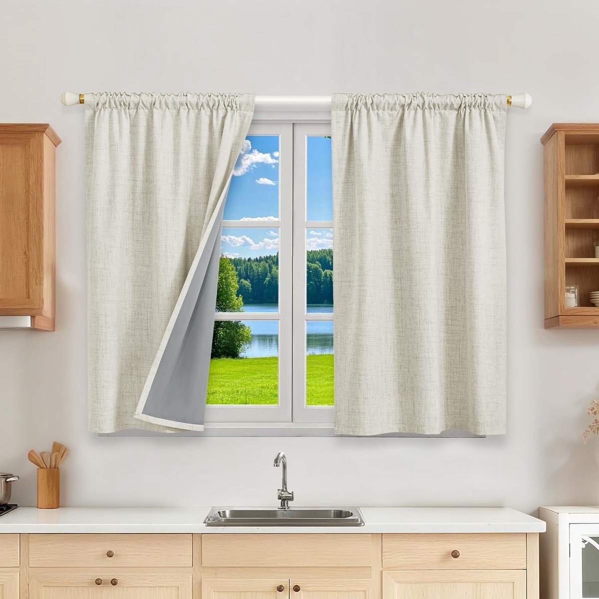 100% Verduisteringsgordijnen, thermogordijnen, koudebescherming, gordijnen met plooiband, 120 x 90 cm (h x b), set van 2 stuks, linnenlook, ondoorzichtig, lichtbeige, schuifgordijnen