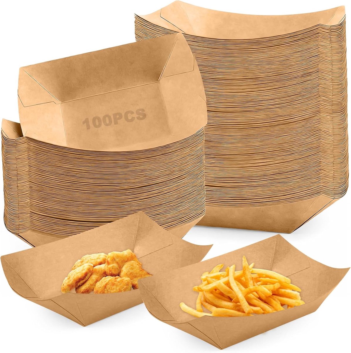 100 stuks kraftpapieren tablets, barchetschalen, levensmiddelen, vingers, voedsel, biologische wegwerpschalen, voedselkommen, karton, biologisch afbreekbare coating voor sushi, friet, snack, curry