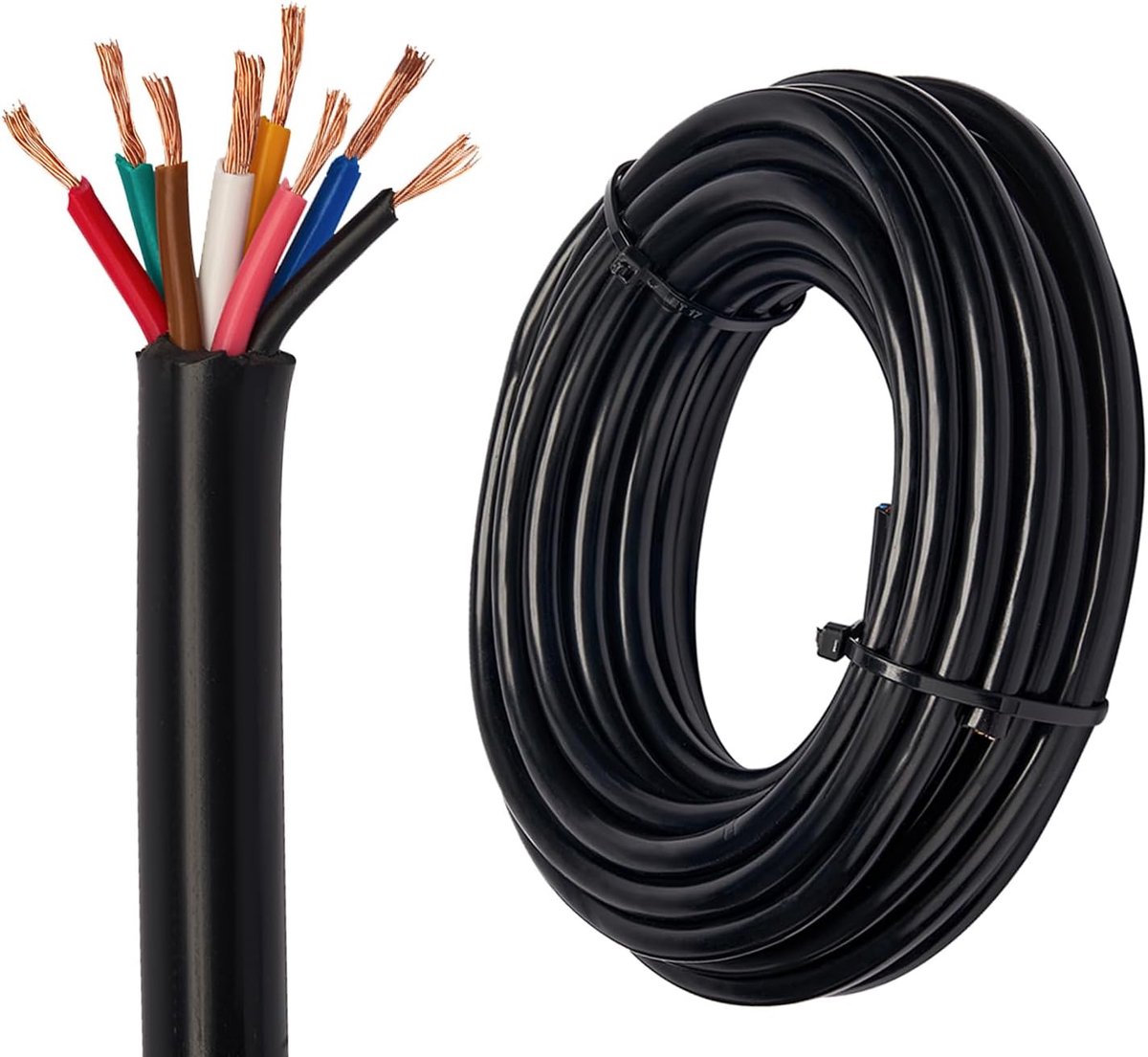 Ronde kabel, 5 m, 7 x 0,5 + 1 x 1,0 mm², 12 V, 24 V, voertuigkabel, 8-aderige aanhangerkabel, flexibele elektrische verlengkabel, 8-polige kabel voor aanhangers