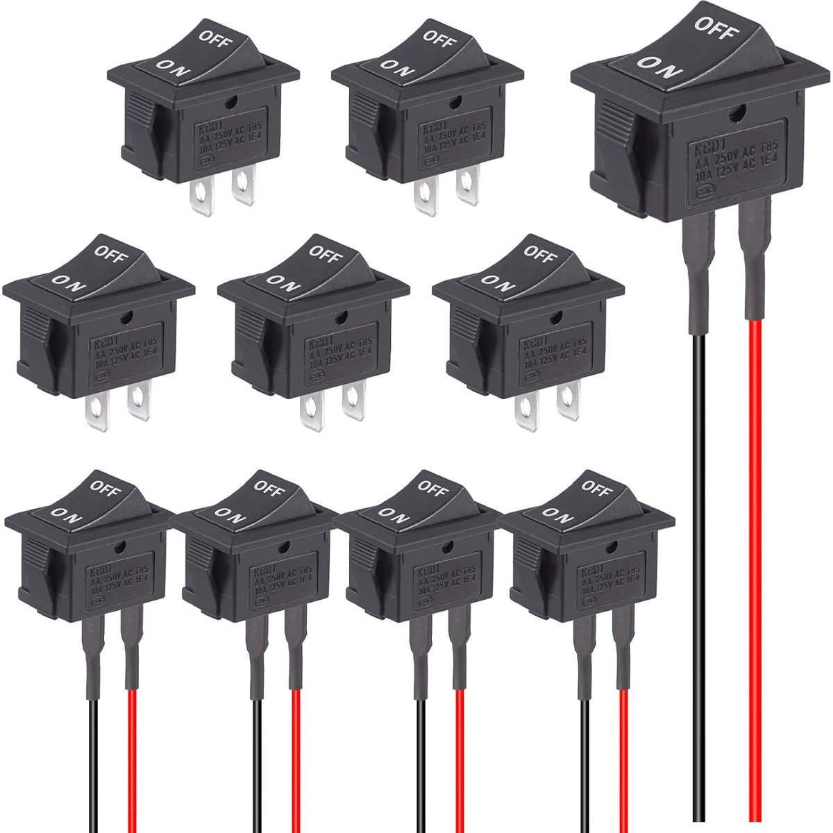 Tuimelschakelaar, ON OFF tuimelschakelaar, 12 V met draad, 5 stuks, aan-uit microschakelaar, 2-polig, 6 A, 250 V, AC 10 A, 125 V, SPST zwart, rechthoekig ingebed (10 stuks)