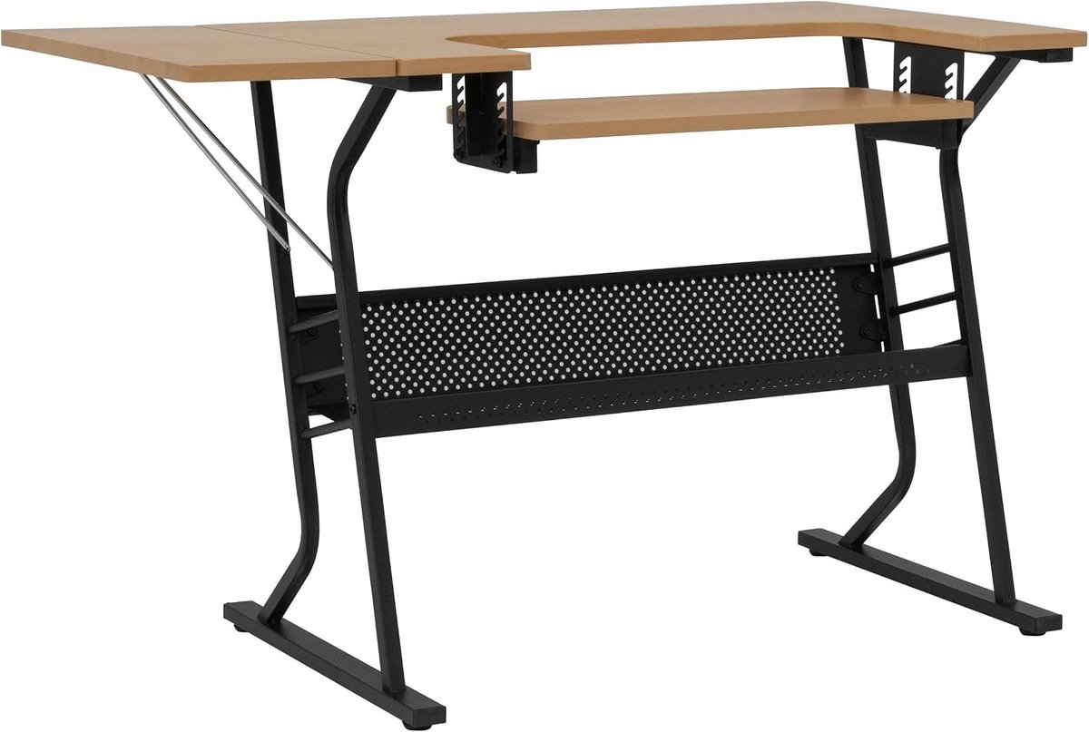 Online Kleine Naaitafel, Esdoornblad met Zwarte Poten - Naaimachinetafel met Verstelbaar Platform, Uitschuifblad en Opbergplank | Quilttafel/Computerbureau - 13368