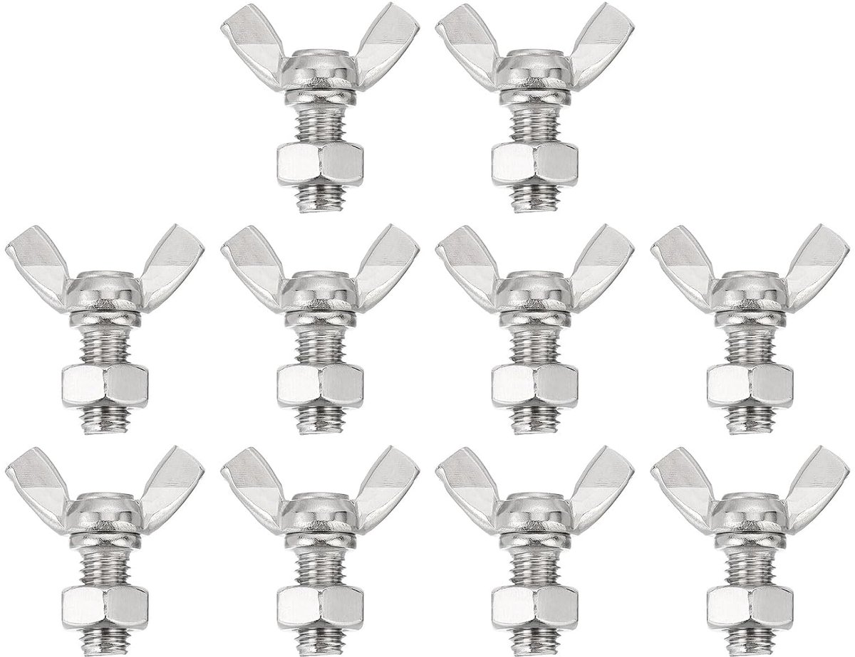 10 stuks vleugel-vlinderschroeven M8-1,25 x 16 mm met 10 moeren, hand-vlinderschroeven van roestvrij staal 304, hand vlinderschroeven