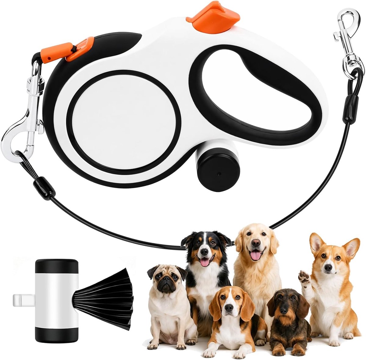 Intrekbaar, 8 m, oprollijn voor grote honden, tot 50 kg, met stalen kabel, anti-bijt, poepzakhouder, rem met één hand, voor wandelen en training