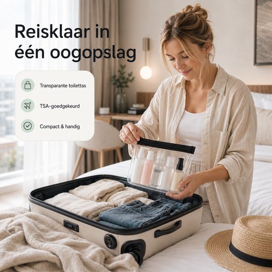 Vrouw pakt een transparante toilettas in met reisbenodigdheden in een koffer.