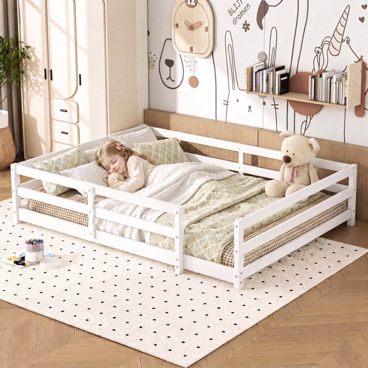 Montessori vloerbed 140 x 200 cm - Grenenhout met 4-zijdig veiligheidshek - Wit-Matras niet inbegrepen