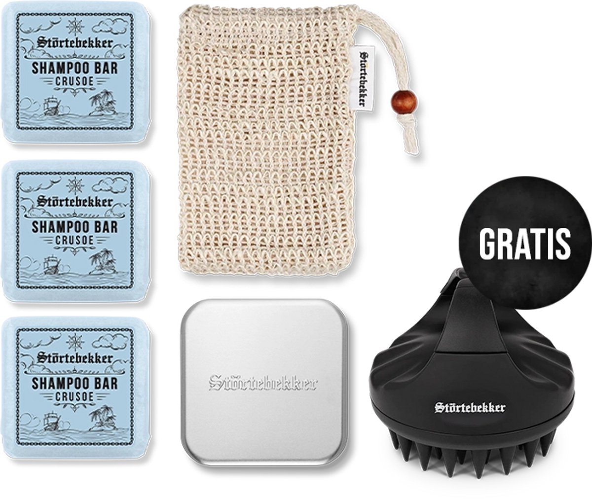 Störtebekker® Premium Douche Set Hair Crusoe - Shower Set Heren met avontuurlijk-frisse geur - 3x Vaste Shampoo (100g), Sisal Washandje, Zeepdoos & GRATIS Siliconen Hoofdhuidborstel - Vegan - Handgemaakt in Nederland
