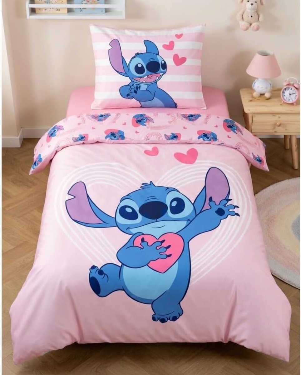 Meisje Dekbedovertrek 140x200 + Kussensloop 65x65 Hart Roze | Omkeerbaar beddengoed | Stitch Hart Roze | Disney Lilo & Stitch | 100% Katoen Oeko-Tex | Meisje | Officiële licentie