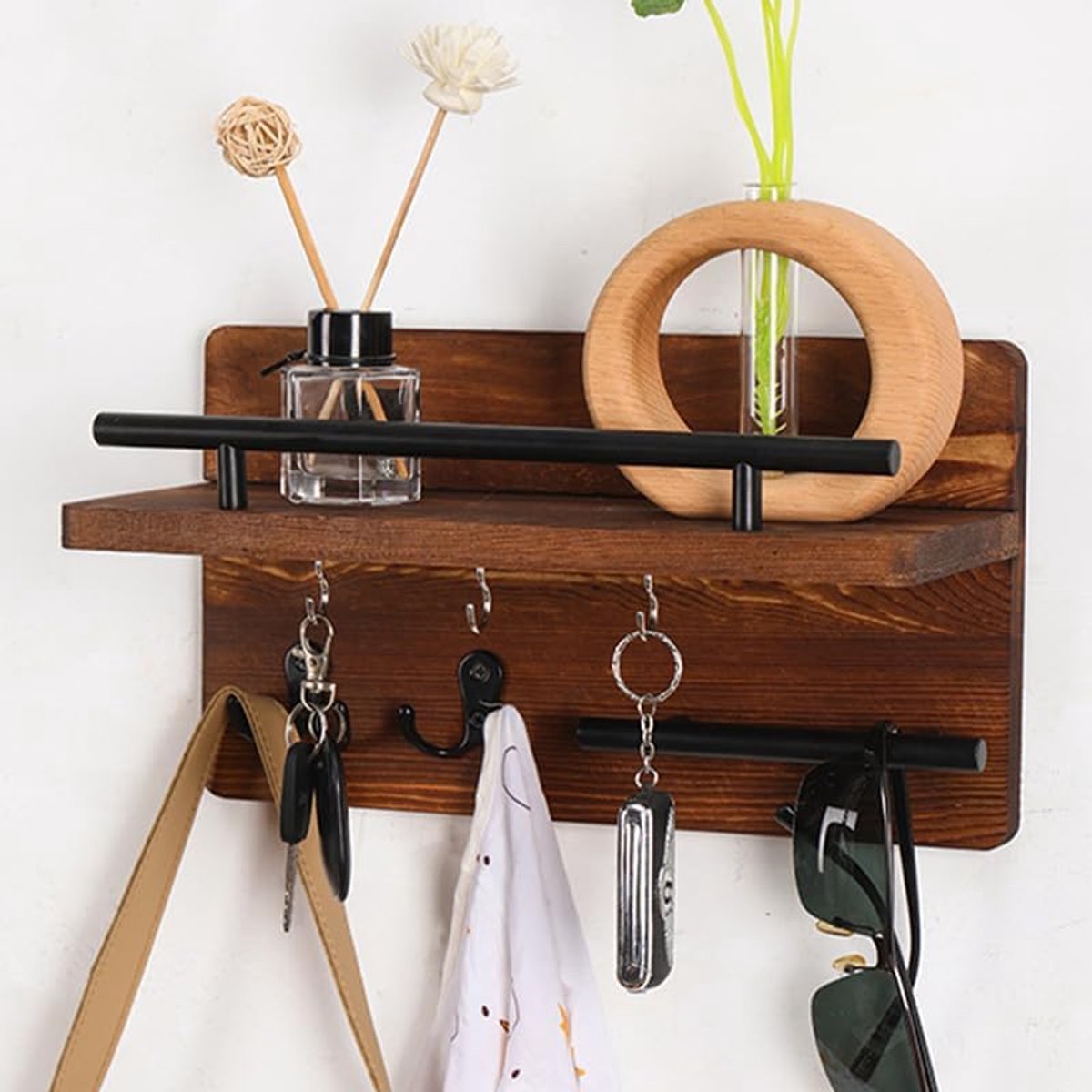 Sleutelrek, sleutelhouder, sleutelhaak, houten sleutelrek met plank, wandmontage, rustieke sleutelhouder voor het opbergen van sleutels, woondecoratie (bruin)