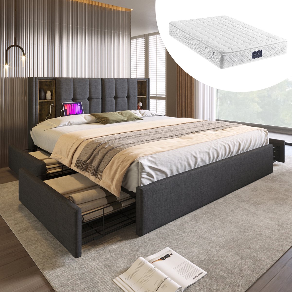 Bedframe - 160x200 Cm - Bed - Met Lattenbodem - Met Opbergruimte - USB C - Grijs - Met Matras