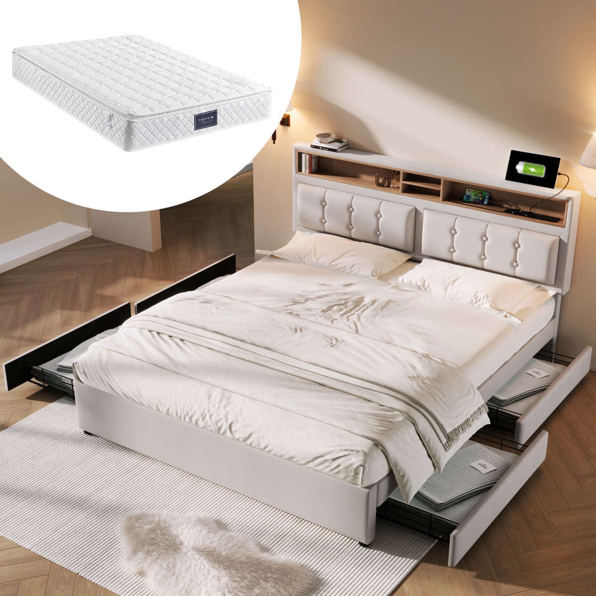 Bedframe - 160x200 Cm - Bed - Met Lattenbodem - Met Opbergruimte - USB C - Beige - Met Matras