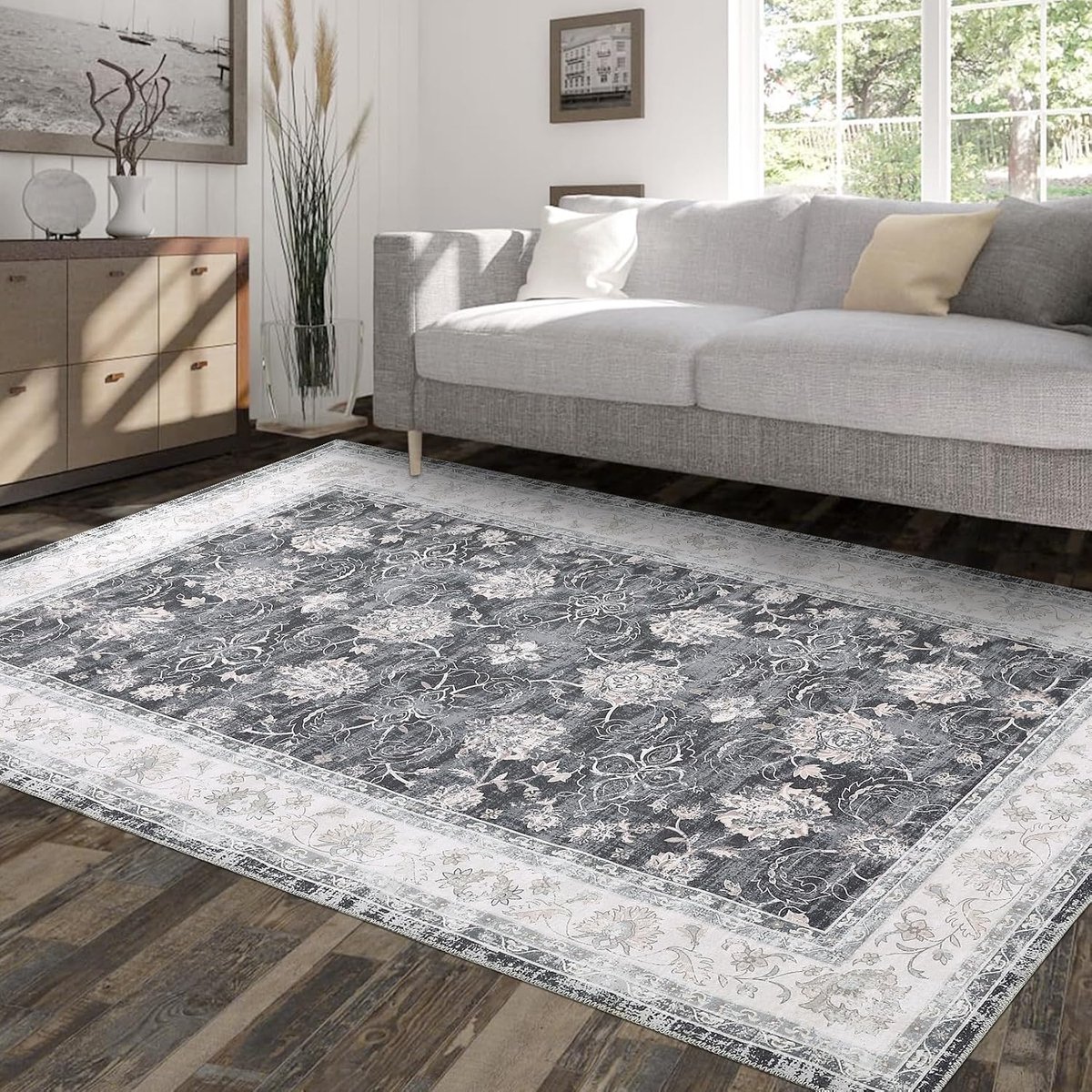 Vintage Vloerkleed - Wasbaar Antislip Medaillon Motief - Zwart - 140x200 cm