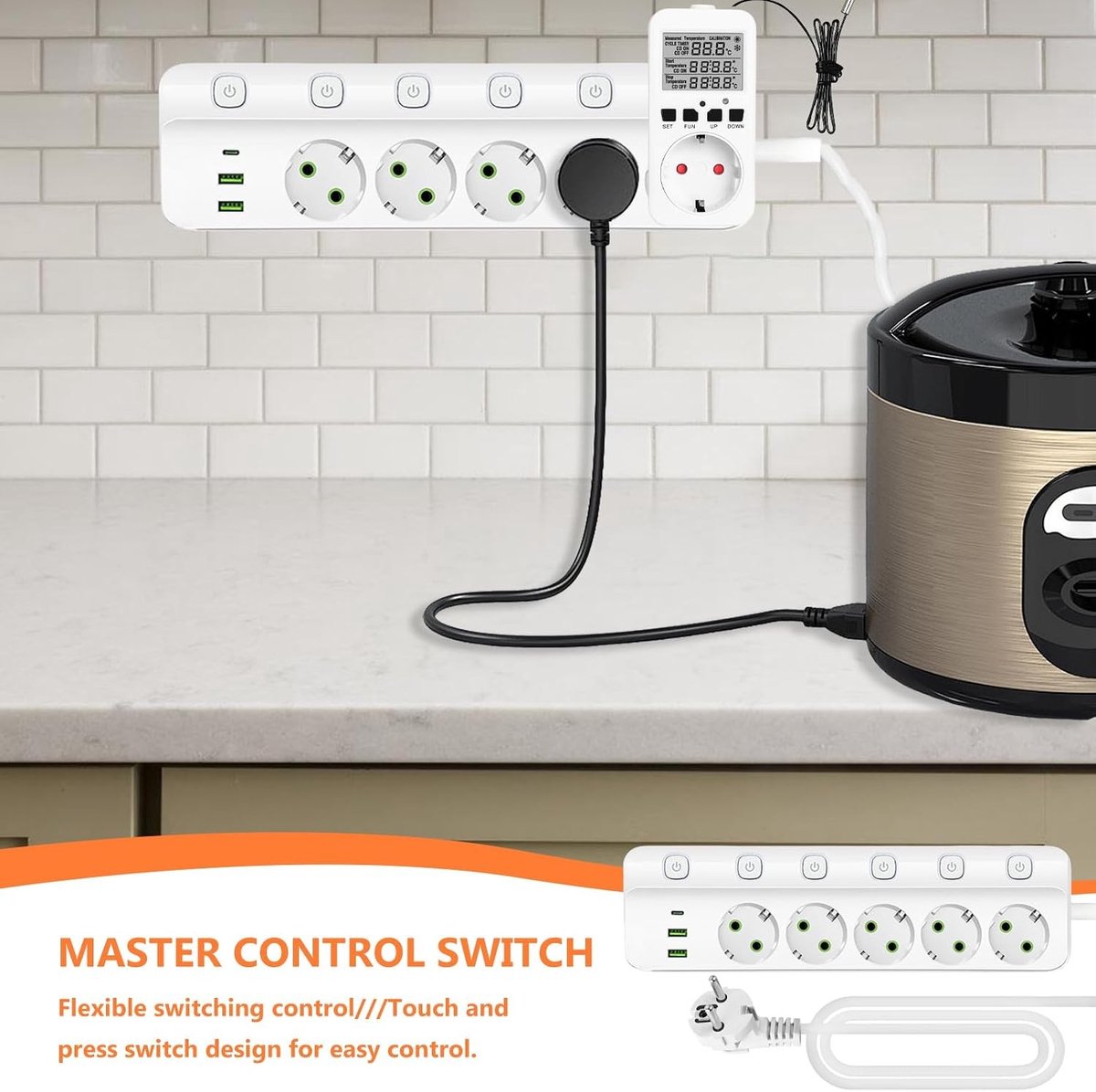 Stekkerdoos - Wit - 2 m - 8-in-1 met USB-A en USB-C - Voor Thuis en Kantoor
