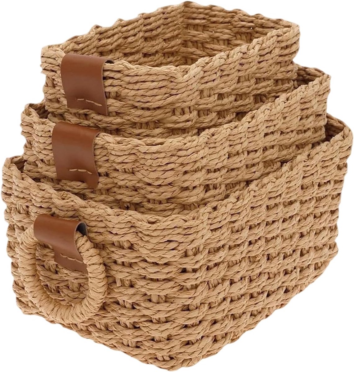 Set van 3, gevlochten plankmand van papierkoord, gevlochten mand-organizer, duurzame opbergdoos en kastorganizer voor badkamer en woonkamer (20 x 14 x 10/23 x 17 x 12/25 x 19 x 13 cm)