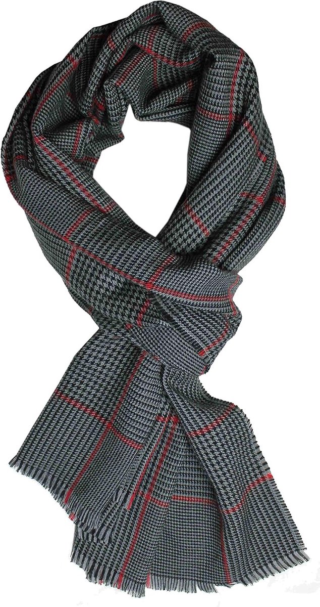 Wol katoen heren dames unisex sjaal 200 x 55 cm grijs geruit & pied poule Made in Germany