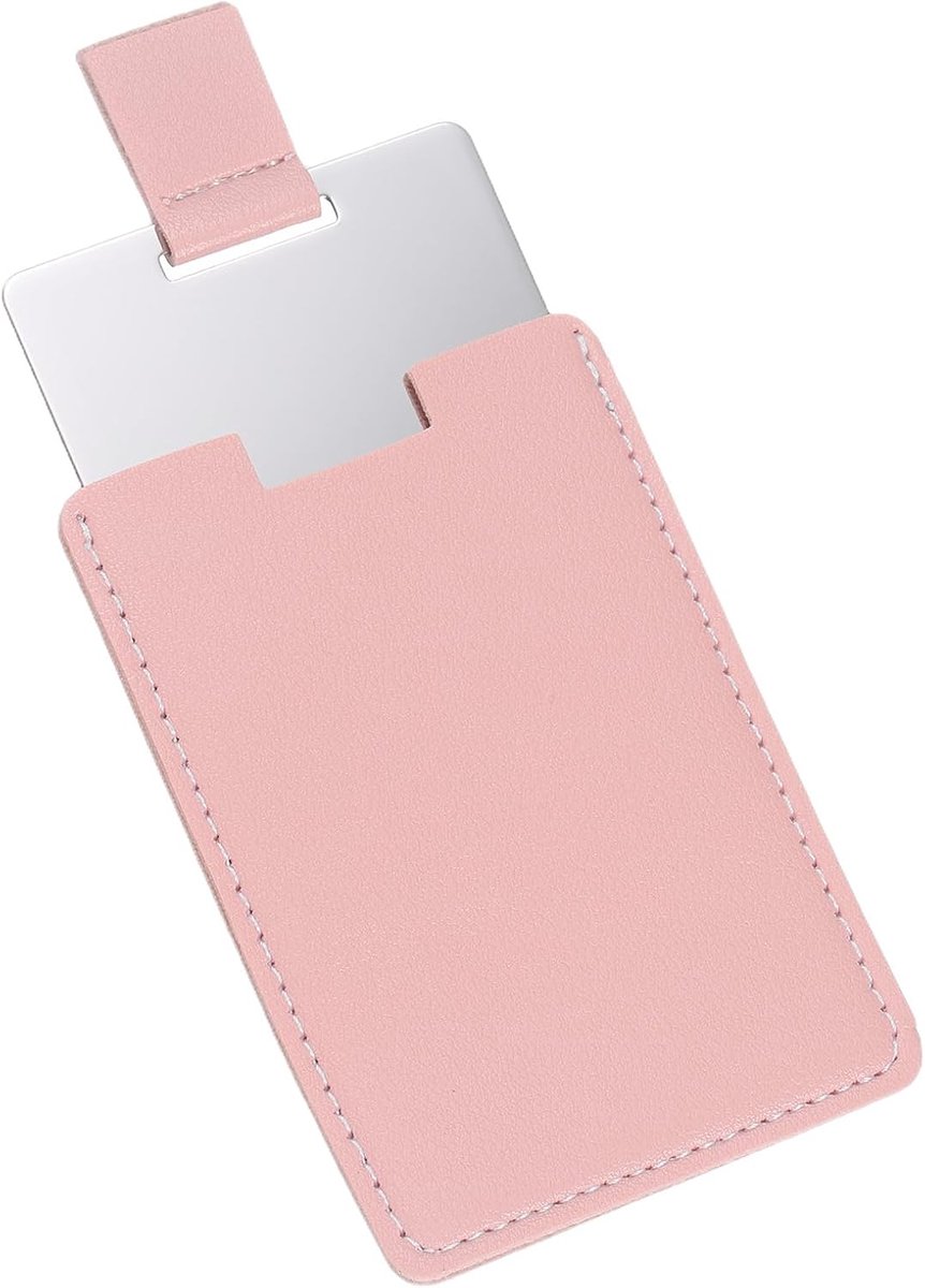 Kleine zakspiegel voor in de handtas, roestvrijstalen compacte spiegel met lederen tas, reisspiegel, handspiegel voor vrouwen, handtas, cadeau (roze, 6,4 x 9 cm)