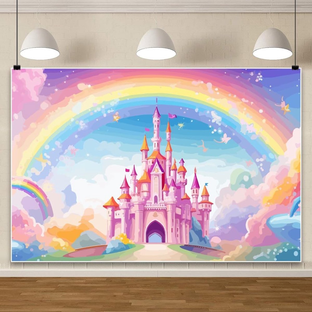 2,2 x 1,5 m paleis verjaardag achtergrond aquarel regenboog sprookjes prinses kind douche fotografie achtergrond verjaardag bruiloft feest taart tafel banner foto studio shoot prop