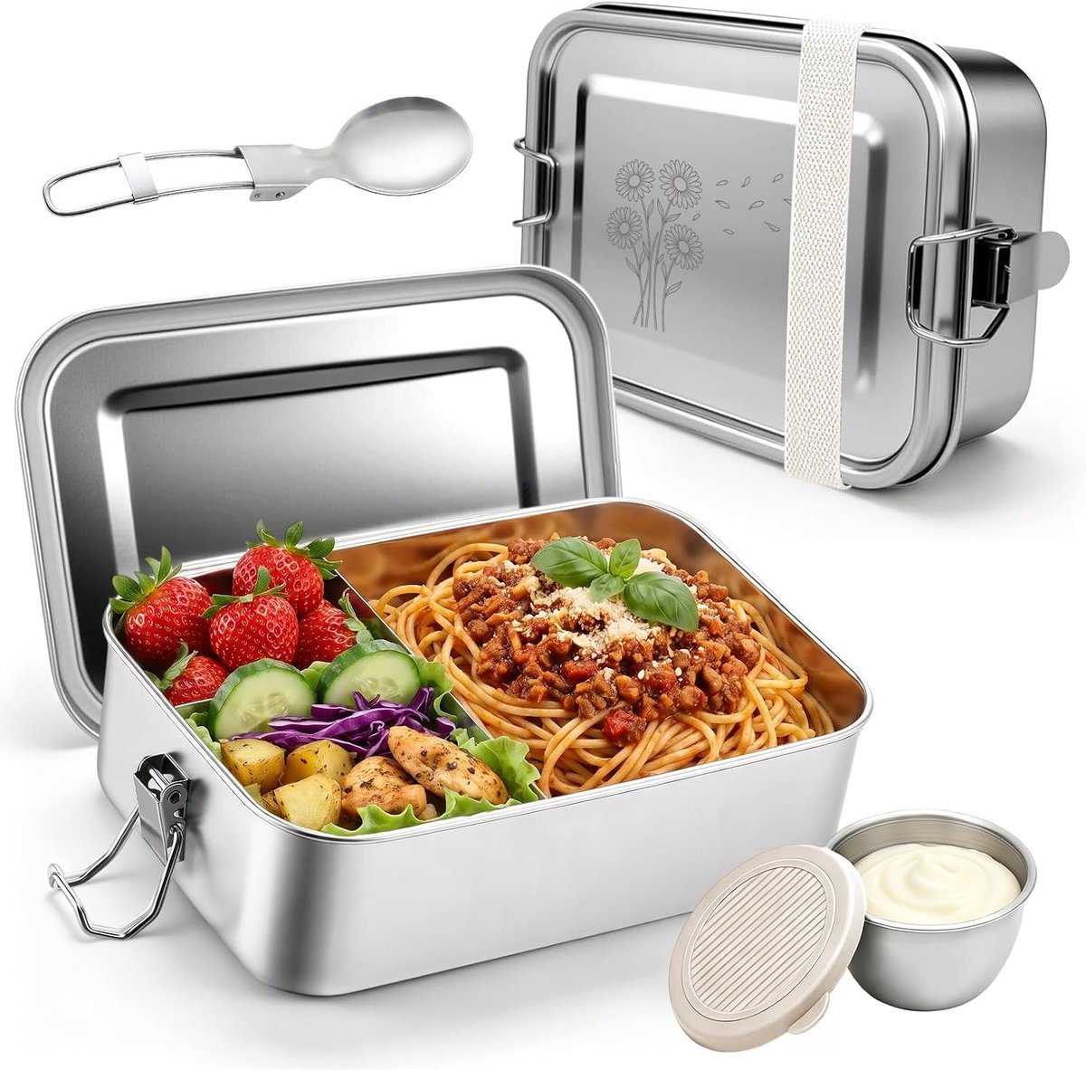 Roestvrijstalen broodtrommel 1200 ml met afneembare vakken, lunchbox voor volwassenen, 4-delige set