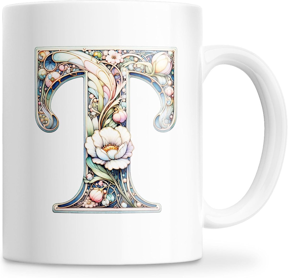 Mok met initialen van de naam, keramische mok, 350 ml, met bloemenmotief, originele geschenken voor vrouwen, mama, vrienden, vaatwasmachinebestendig en magnetronbestendig (D)