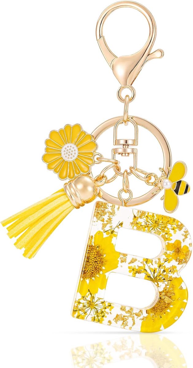 Initiële letter sleutelhanger hars alfabet sleutelhangers, gele bloemblaadjes goudfolie sleutelhanger charme met madeliefje bij kwastje hanger, sleutelhanger voor vrouwen cadeau-ideeën