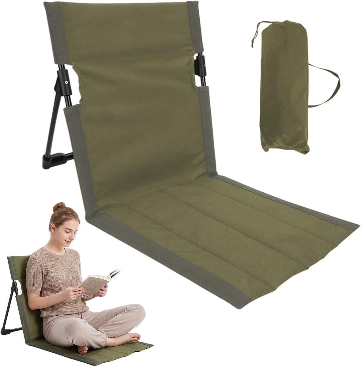 Strandstoel met rugleuning, vloerstoel, inklapbaar tribunekussen, draagbare campingstoel, ligstoel voor picknick, tuin, wandelen, 38 x 39,5 cm (legergroen)