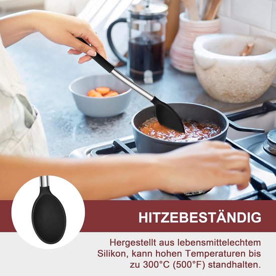Spatel, kooklepelset, siliconen keukengerei keukenhulp voor koken, kookbestek, kookgerei met roestvrijstalen handgreep, duurzaam en vaatwasmachinebestendig, zwart, 8 stuks — afbeelding 4