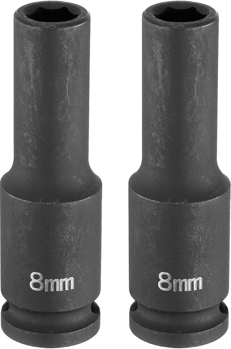 2 stuks diepe slagbus 3/8 inch vierkante aandrijving 8 mm metrisch 6 punten stopcontact 65 mm (2,56 inch) lang staal CR-MO industriële kwaliteit kantelstekker voor moeren, bouten, reparatie