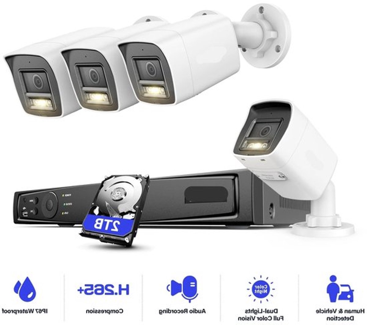 Beveiligingscamera's - Camerabewaking - CCTV Camerasysteem - 12MP Dual-Light Outdoor PoE - Kleur IR Nachtzicht CCTV Kit - Binnen/Buiten Camera’s - IP67 Weerbestendig - 2TB HDD Opslag
