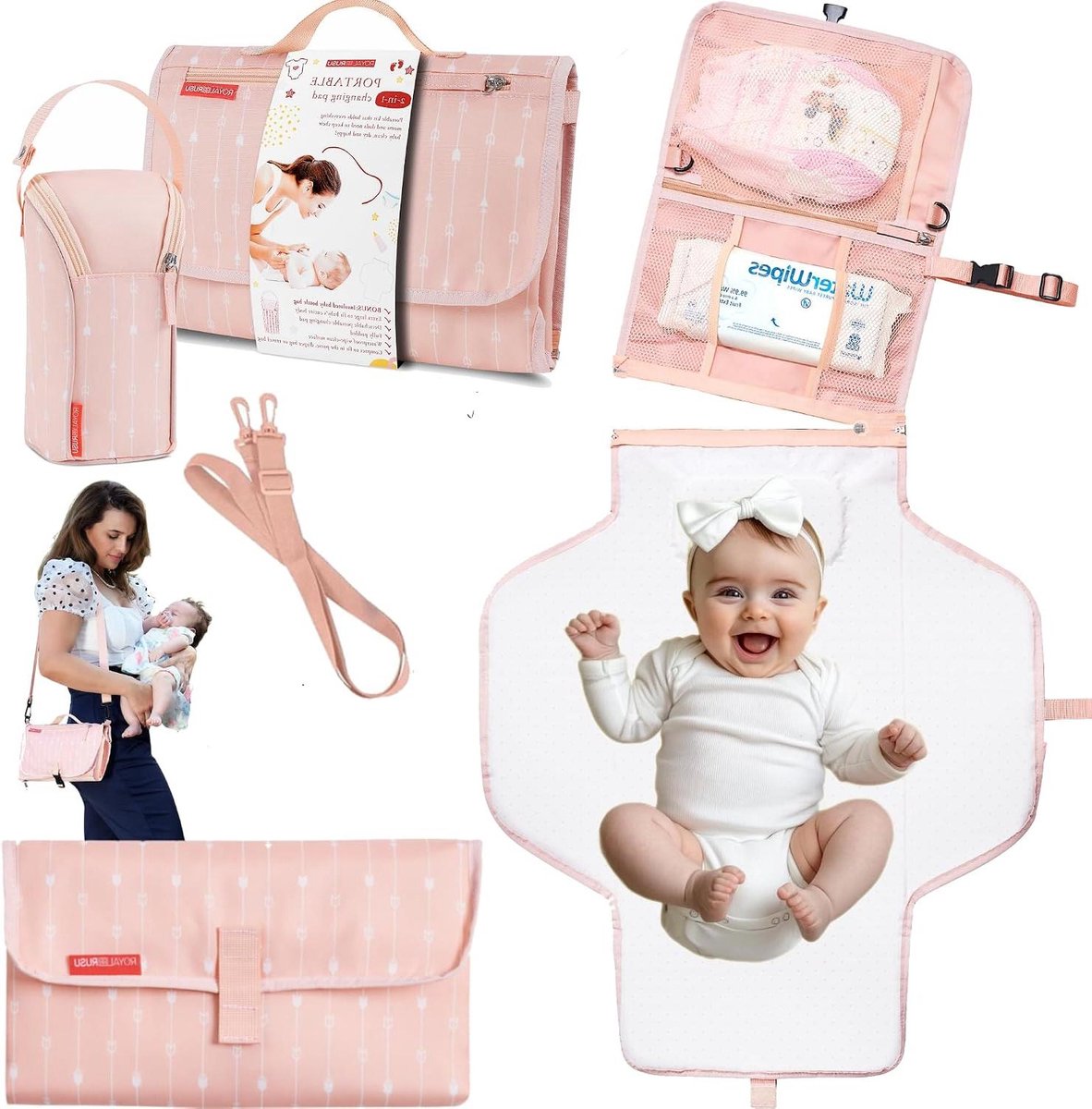 Draagbaar Luier Verschoonkussen - 2-in-1 Luierkoppeling - Baby Verzorgen Onderweg - Met Geïsoleerde Fleszak - 337 x 268 cm - Perzik