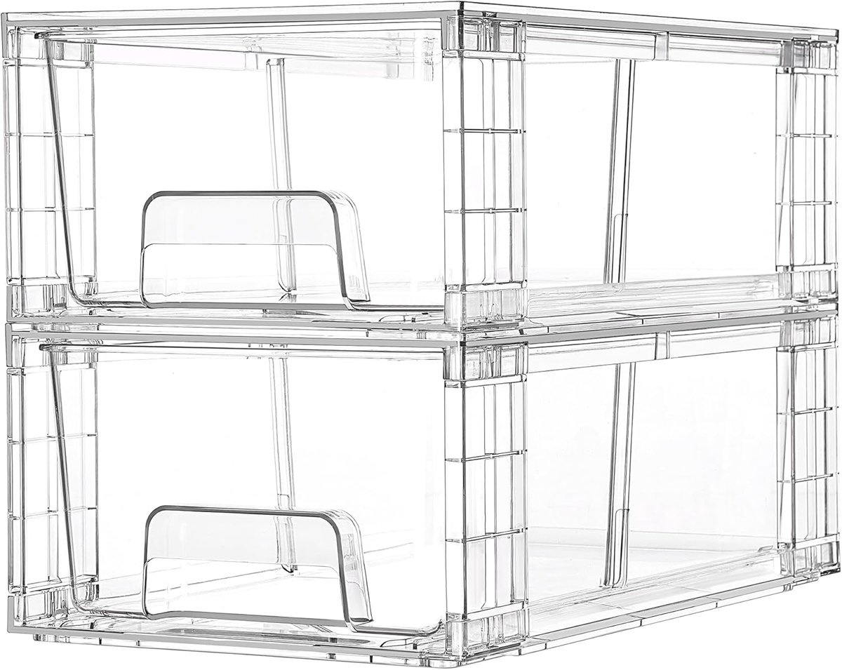Opbergdoos - Organizer bakjes - Koelkast organizer - Keuken Organizers - Heldere Acryl Lade met Grepen - Stapelbaar Systeem voor Kleine Spullen - Geschikt voor Koelkast Badkamer en Keukenkast - 2 Stuks