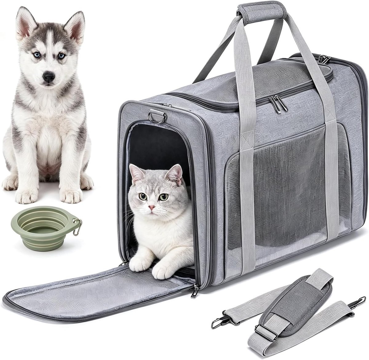 Katten vervoersbox - Grijs - 55 x 40 x 23 cm - Opvouwbare Transportbox met Zacht Kussen - Voor Katten en Kleine Honden tot 12 kg