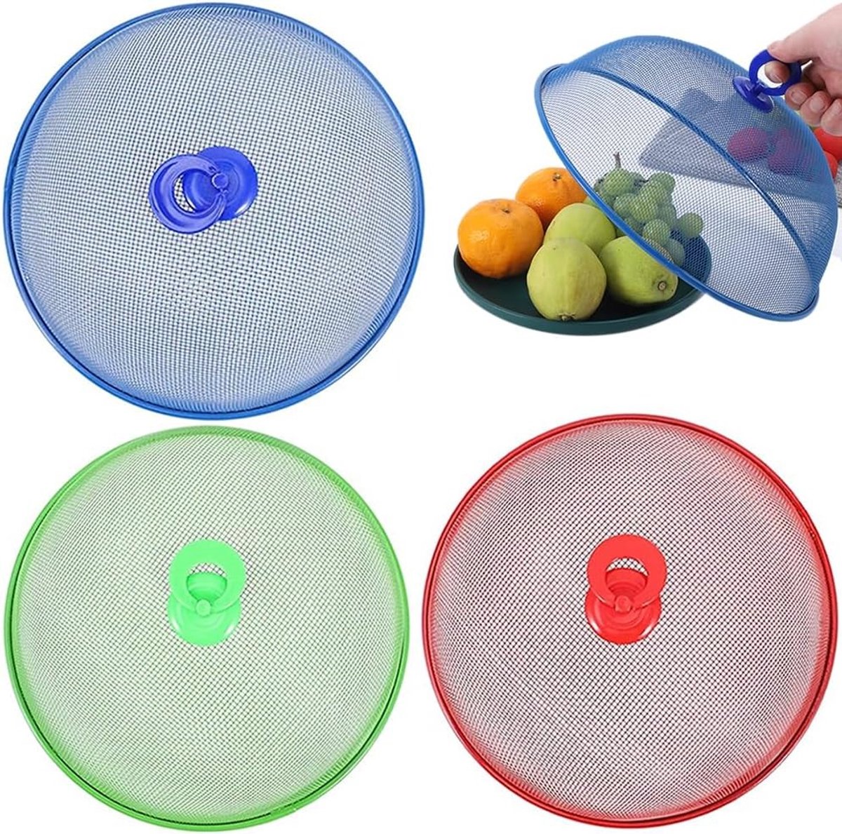Set van 3 Herbruikbare Voedselbeschermers, Mesh Dekens voor Picknick en Buitengebruik, RVS Voedselcovers met Handvat voor Keuken en Buitenactiviteiten