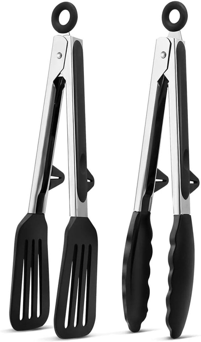 23 cm siliconen keukentang, 2 stuks, roestvrijstalen kookgerei, hittebestendig tot 249 °C met vergrendeling, voor barbecue en het serveren van salade.