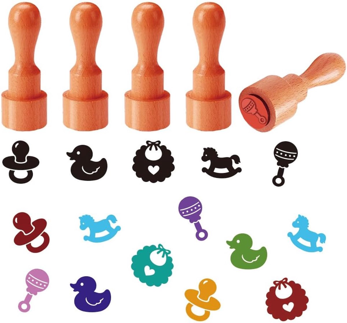 Houten Rubber Stempels, Baby Thema Mini Ronde Stempel Rubber Eend, Bib, Schommelpaard, Rammelaar Patronen Stempels voor DIY Ambachten Scrapbooking Kaart Maken Planner