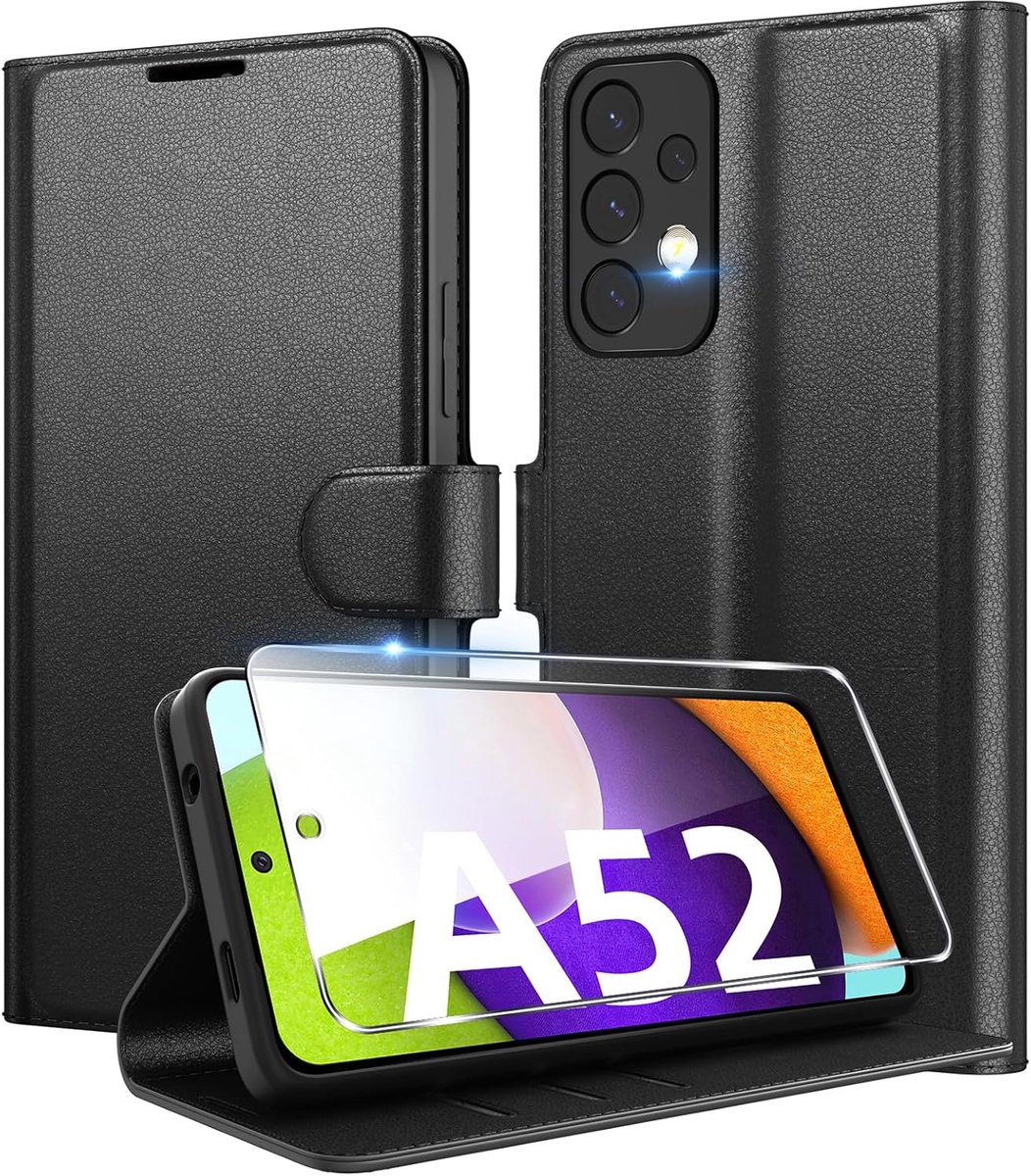 Hoes voor mobiele telefoon voor Samsung Galaxy A52 (5G/4G) / A52s 5G + 1 beschermfolie, premium PU-leren klaphoesje met kaartenvak, portefeuille, standfunctie, magnetische flip beschermhoes