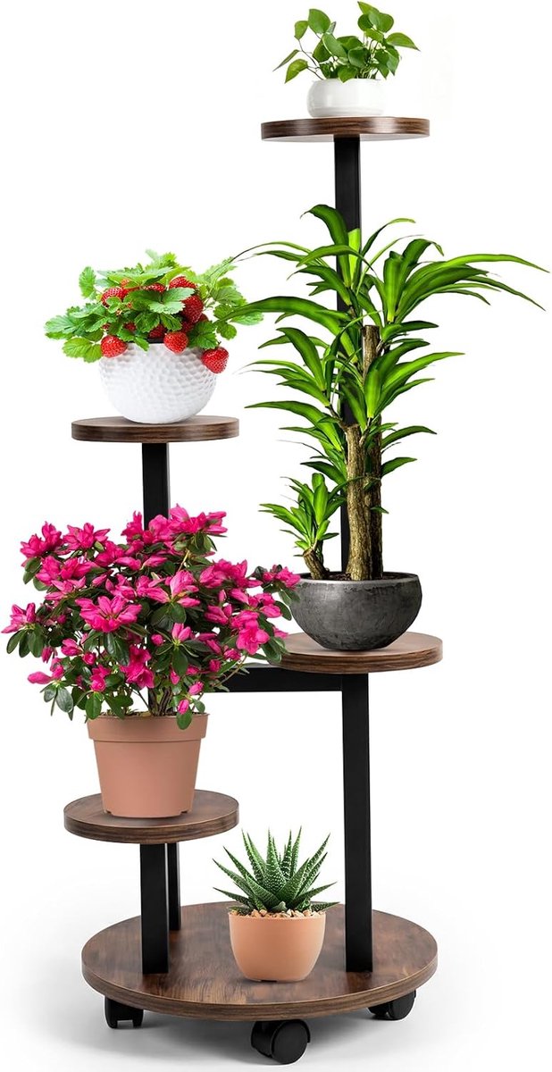 5-laags Plantenrek met Wielen, 85cm Hoog Houten & Metaal Binnen Plantenstandaard, Ronde Plantrek voor Woonkamer, Balkon, Raam & Tuin