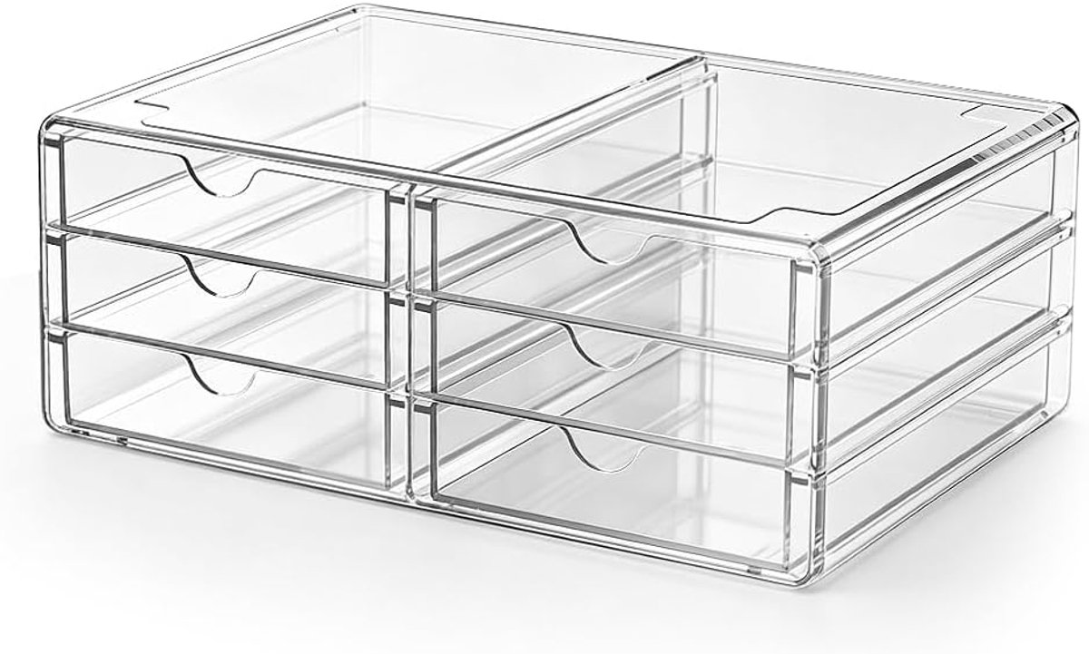 Cosmetica-organizer met 6 breedtes, 28 x 12 x 16,5 cm, acryl organizer met antislipmat, stapelbare ladebox voor make-uptafel, slaapkamer, badkamer