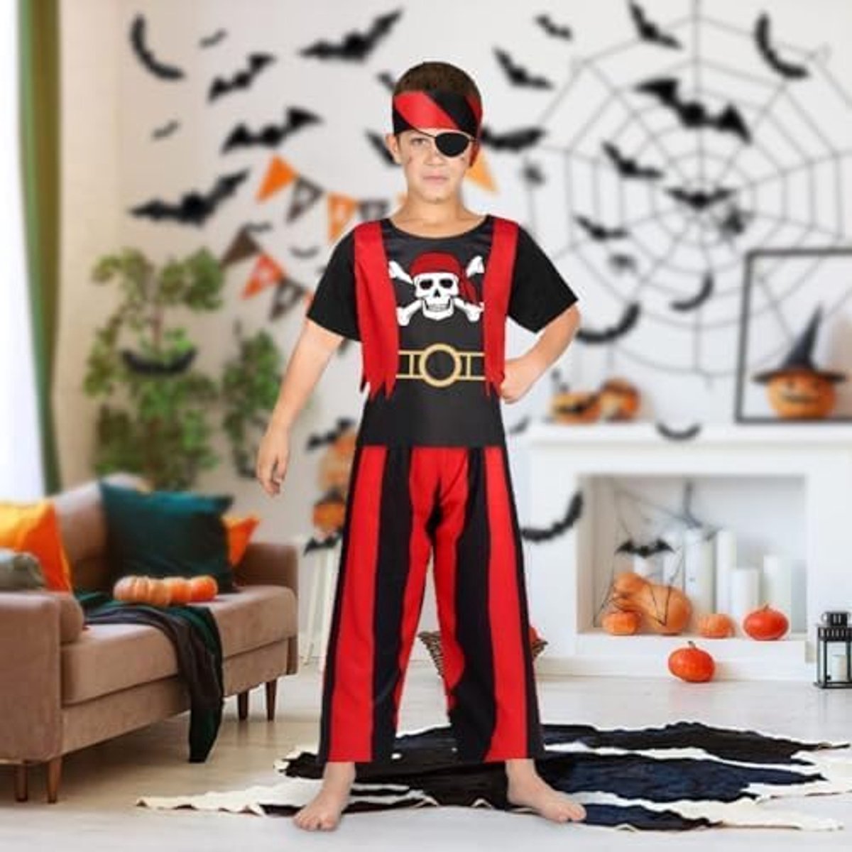 Piratenkostuum voor kinderen, piratenkostuum voor jongens, piratenkapitain-outfit set inclusief top, broek, ooglapper, hoofdband, piratenrollenspel, verkleedpartij voor verjaardagsfeestje