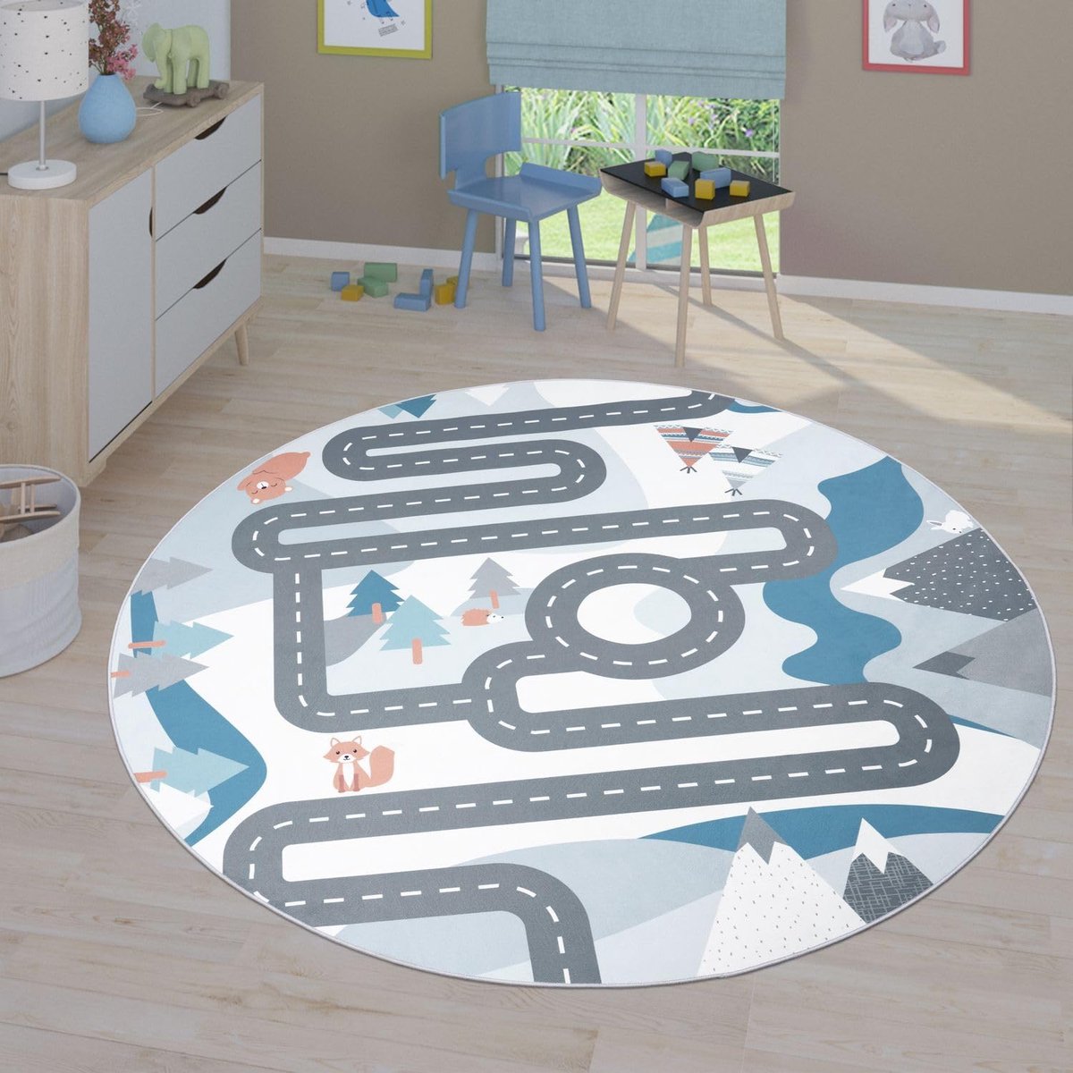 Home Vloerkleed Kinderkamer Meisjes Jongens Antislip Modern Straat Autos, Kleur: Crème, Maat:160 cm rond