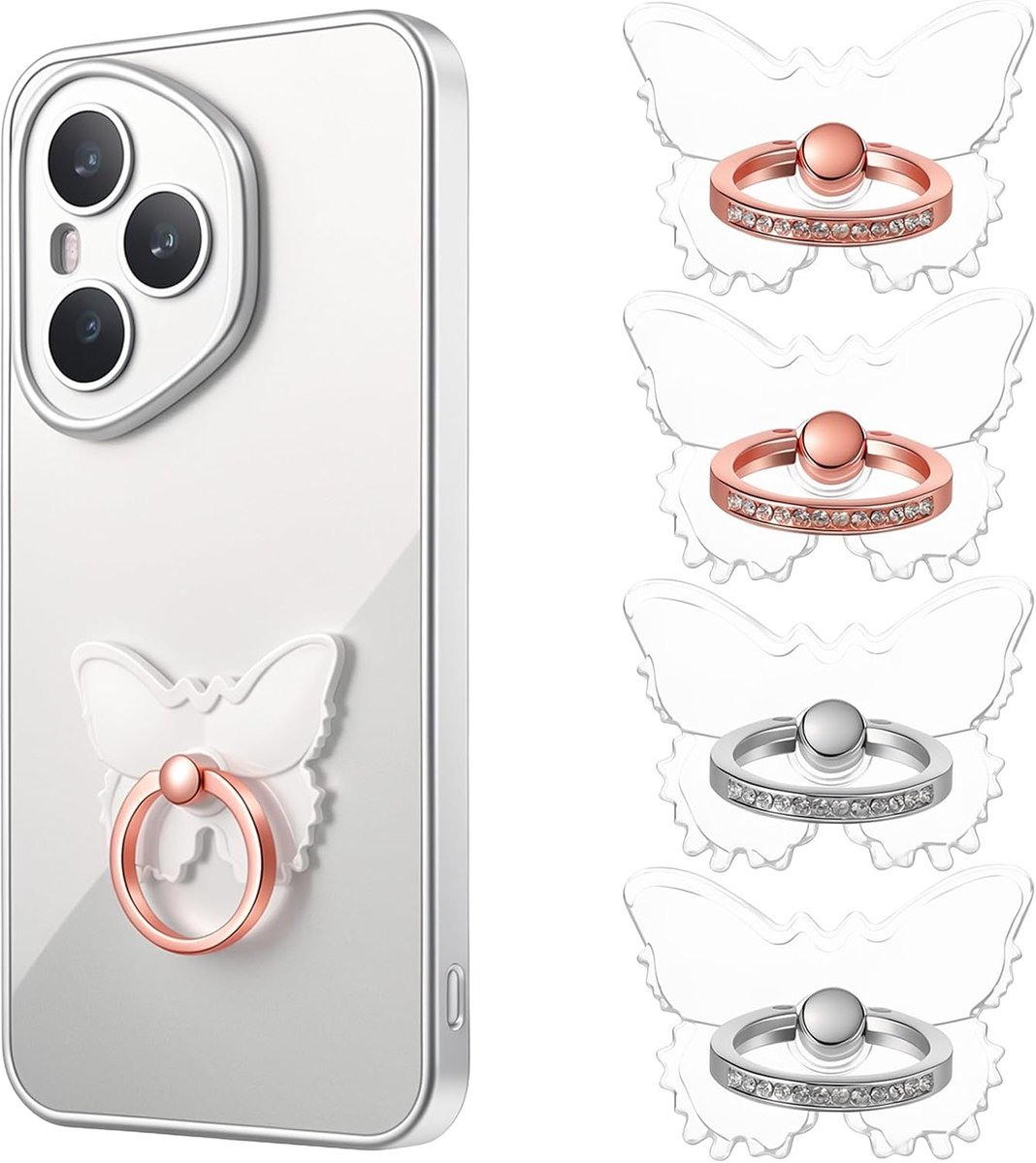 4 stuks vlinder mobiele telefoon ringhouder transparante telefoon ringhouder handvat mobiele telefoon ringstandaard met vlinders 360° draaibare vingerhouder voor mobiele telefoons smartphones tablets